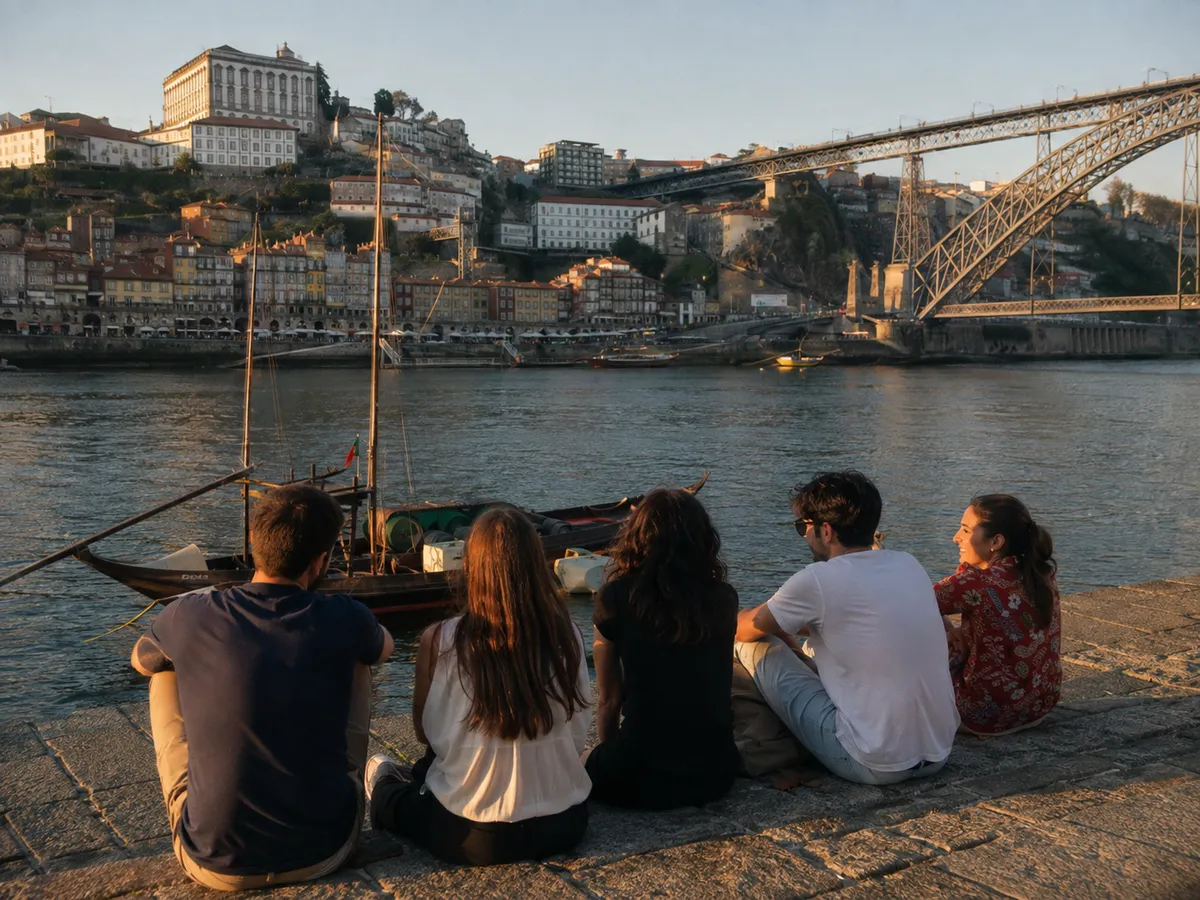 Illustration of five friends spending a slow afternoon beside the river in Porto